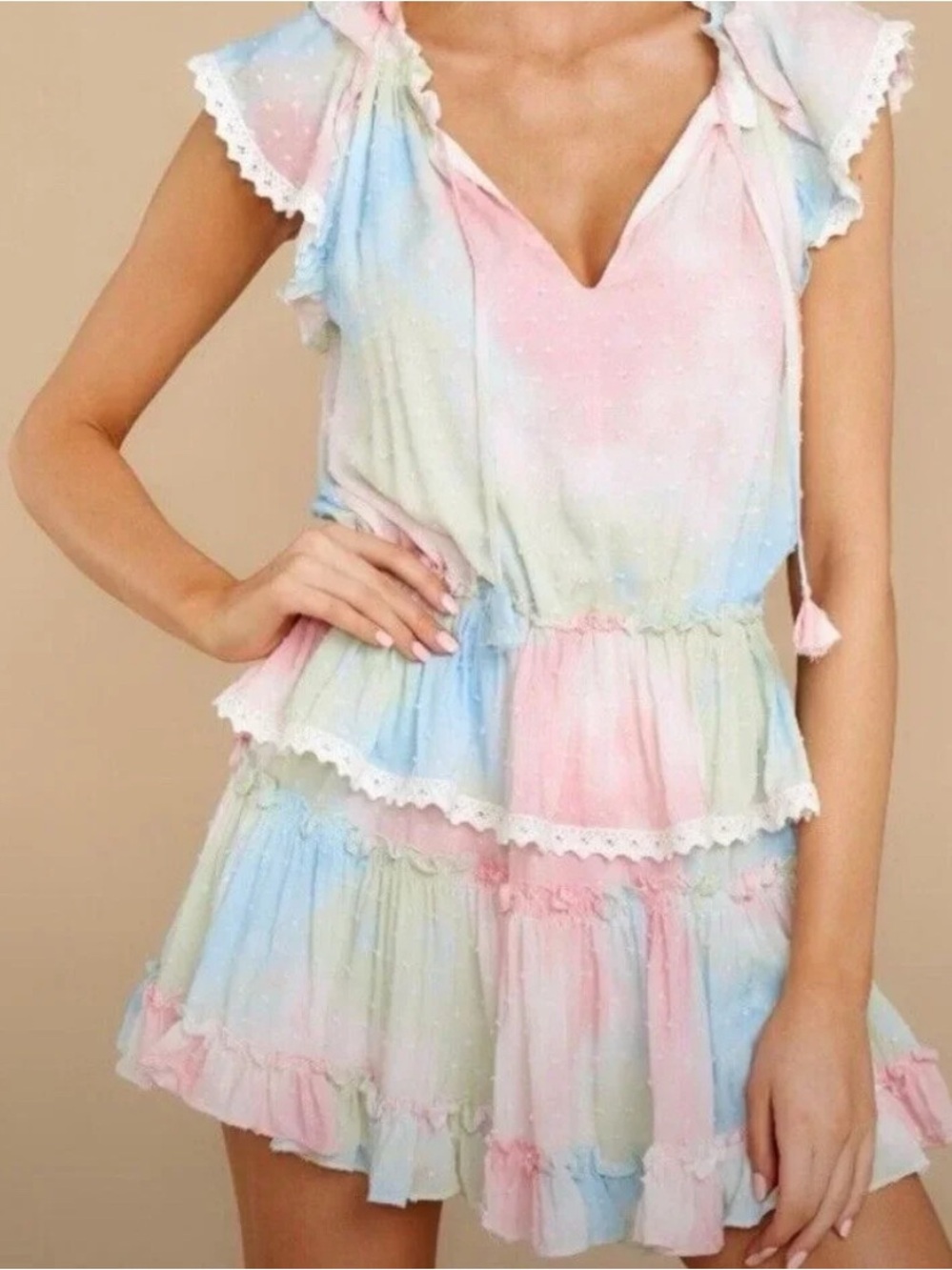Pastel Tie-Dye Ruffle Tiered Mini Dress - Pink, Blue, Cream